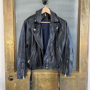 Free People Belted Black Leather Biker oversized moto Jacket rivets